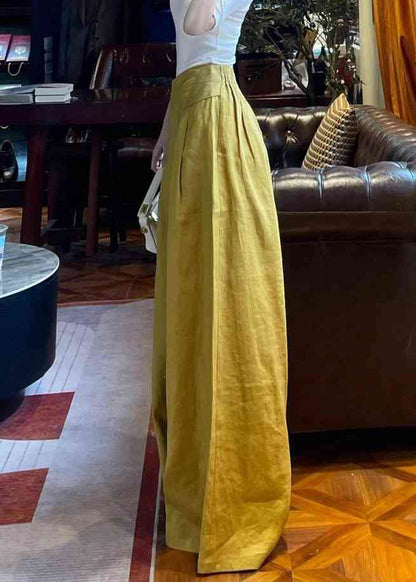 Yellow Pockets High Waist Linen Wide Leg Pants Summer