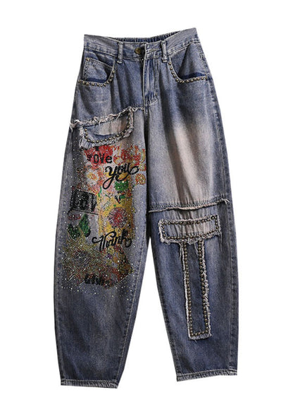 Blue Pockets Diy Zircon Rivet Denim Pants Spring