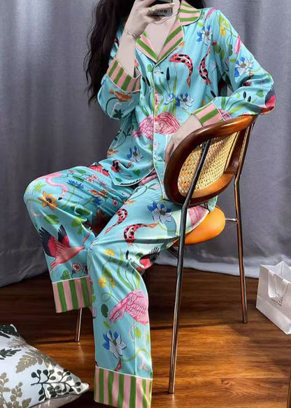 Blue Striped Print Button Ice Silk Pajamas Two Pieces Set Spring