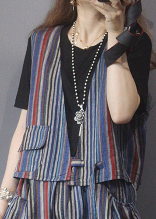 Red Blue Striped Linen Waistcoat and Beam Pants Two Piece Set Outfits Summer
