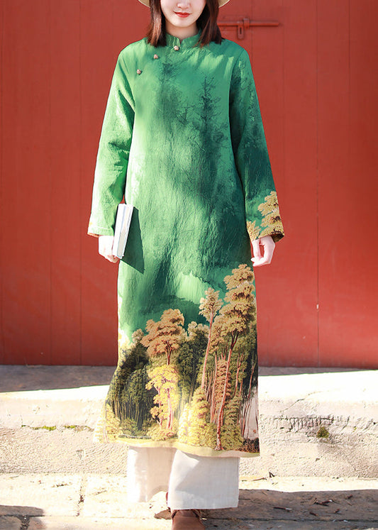 Green Stand Collar Side Open Print Dresses Long Sleeve