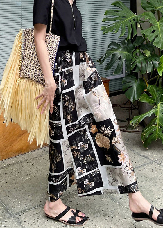 Black Print Side Open High Waist Skirt Summer