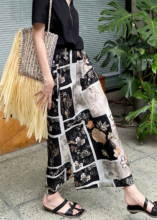 Black Print Side Open High Waist Skirt Summer