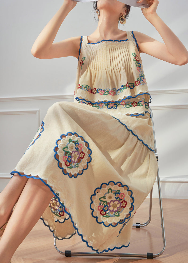 Beach Yellow Embroidered Linen Top and Maxi Skirts Two Pieces Set Summer