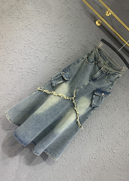 Light Blue Tasseled Pockets Patchwork Denim Skirt Spring