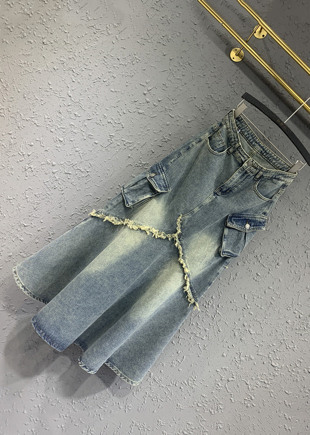 Light Blue Tasseled Pockets Patchwork Denim Skirt Spring