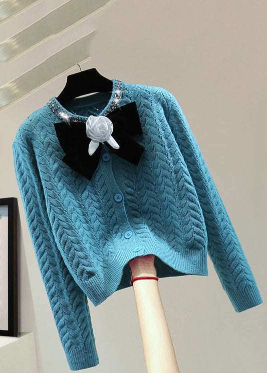 Blue O-neck Zippered Bow Thick Cable Cotton Knit Sweaters Winter