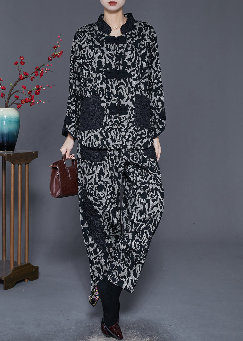 Grey Jacquard Patchwork Cotton Oriental Two Pieces Set Spring