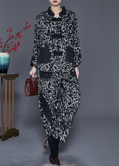 Grey Jacquard Patchwork Cotton Oriental Two Pieces Set Spring