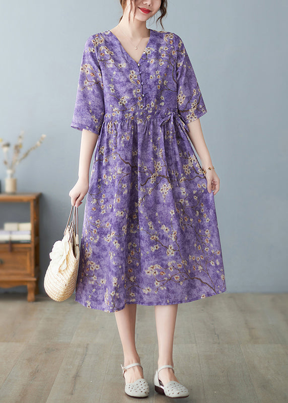 Purple V Neck Drawstring Print Long Dresses Half Sleeve