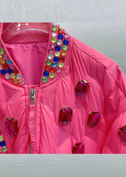 Fitted Rose O-neck Nail Bead Zircon Duck Down Down Coat Winter