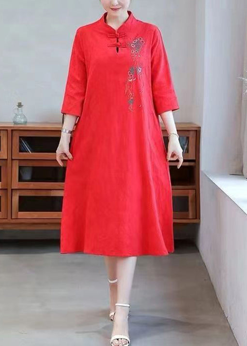 Red Embroidered Button Cotton Dress Half Sleeve