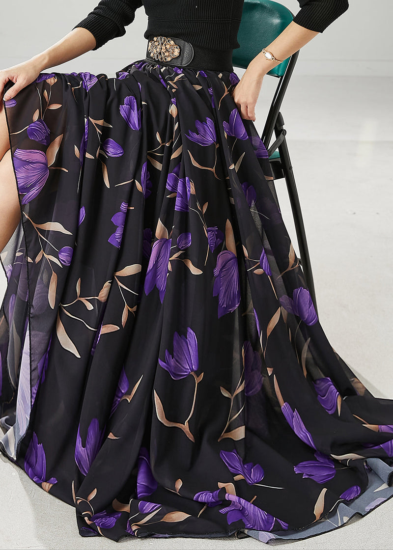Black Tulip Print Exra Large Hem Chiffon Skirt Spring