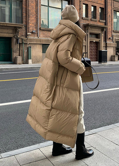 Khaki Zippered Pockets Hooded Duck Down Puffer Coat Winter