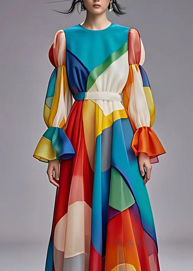Classy Blue O-neck Flattering Party Chiffon Maxi Dress Long Sleeve