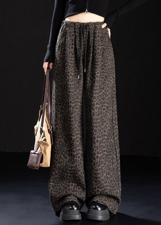 New Coffee Leopard Pockets Print Warm Fleece Denim Pants Winter