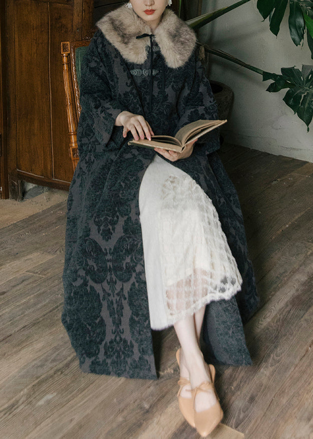 Jacquard Black Fox Collar Button Thick Silk Velour Long Trench Coats Long Sleeve Fall