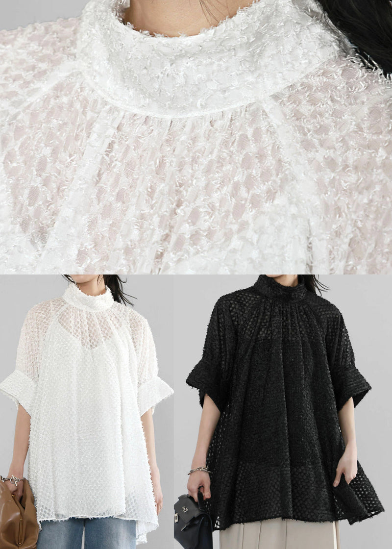 Handmade Black Stand Collar Tulle Sheer Shirt Half Sleeve