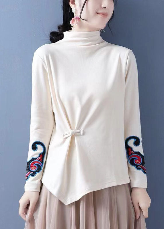 Chocolate Embroideried Ammetrical Design Chinese Button Cotton Tops Spring