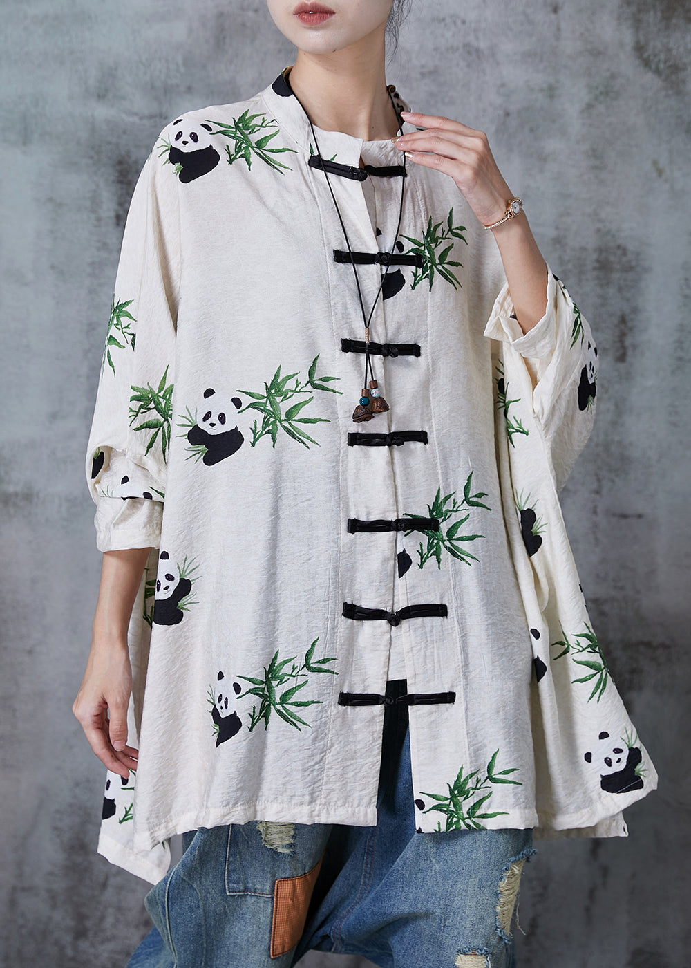 White Oversized Print Cotton Blouse Top Fall