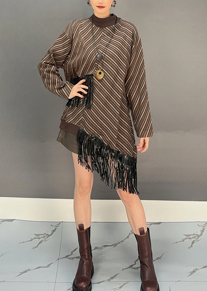 Brown O-neck Asymmetrical Tassel Wool Knit Long Sweater Dress Winter