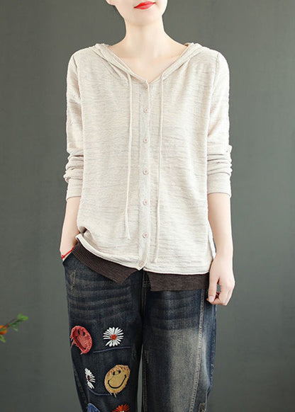 Coffee Hooded Button Patchwork Knitting Cotton Top Fall