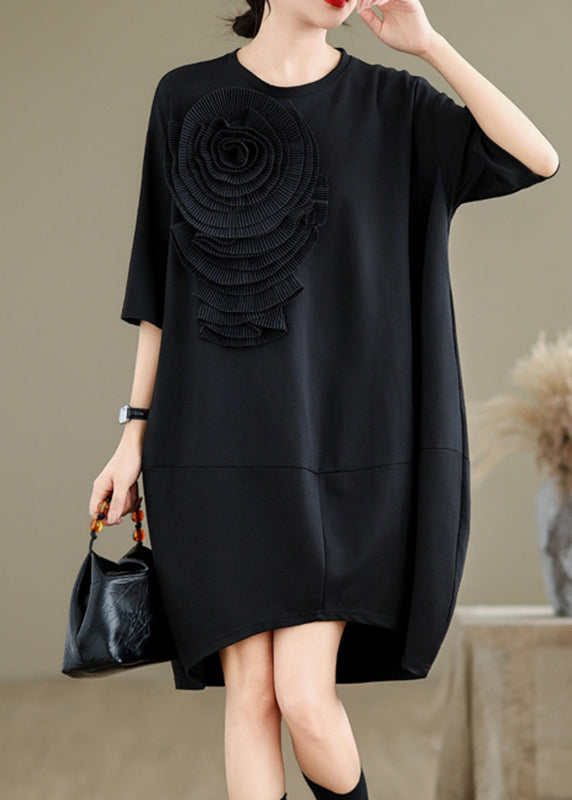 French Black O-neck Wrinkled Cotton Long Dresses Summer