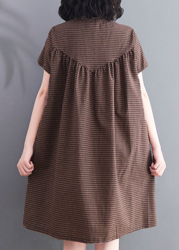 Brown Wrinkled Ruffled Plaid Cotton Dress Short Sleeve