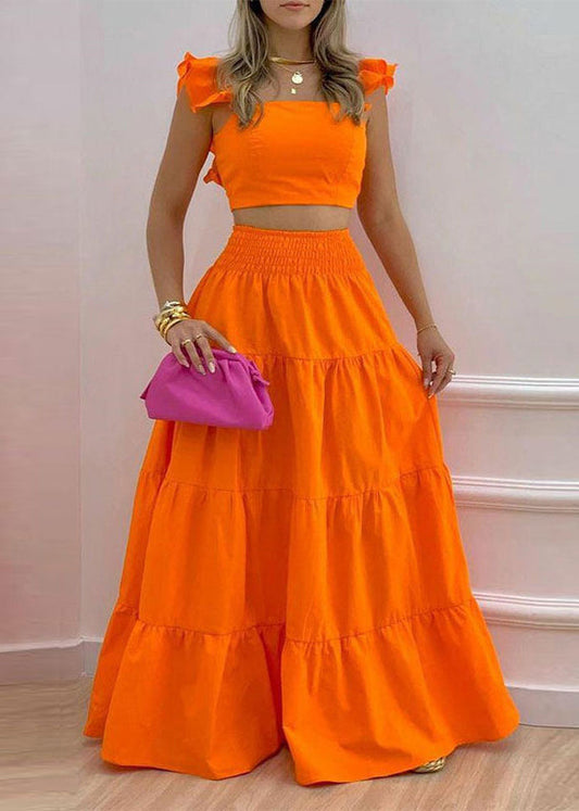 Orange Elastic Waist Cotton Two Pieces Set Square Collar Sleeveless