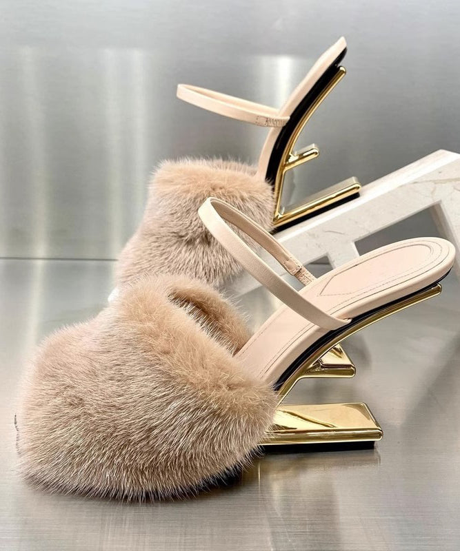 Novelty Apricot Mink Hair Slide Sandals Alien Heel