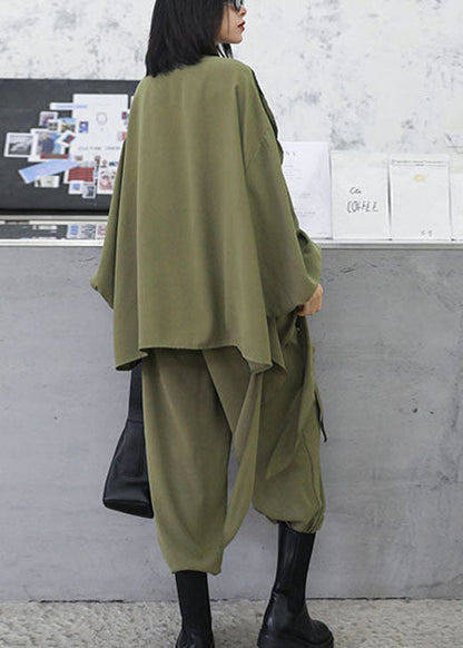 Style Army Green Asymmetrical Design Ruffled Pockets Wide Leg Fall 2 Piece Outfit