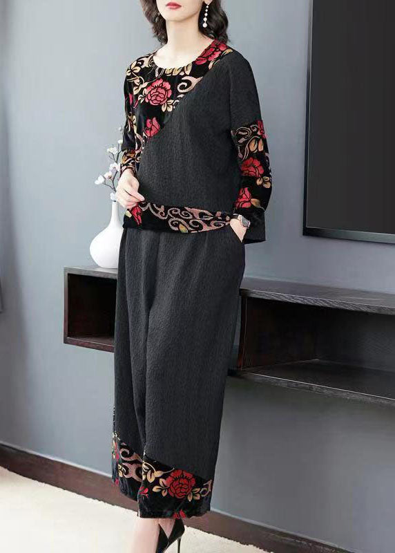 Black Embroideried Tops and Wide Leg Pants Cotton Two Piece Set Fall