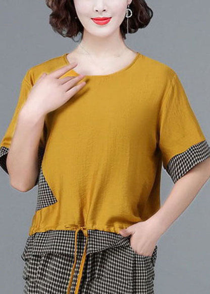 Yellow O-neck Plaid Linen Tops and Crop Harem Pants Two Pieces Set Short Sleeve