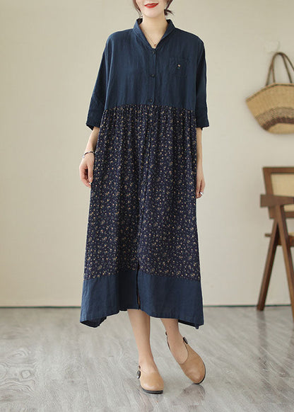 Navy Stand Collar Print Patchwork Linen Dresses Summer