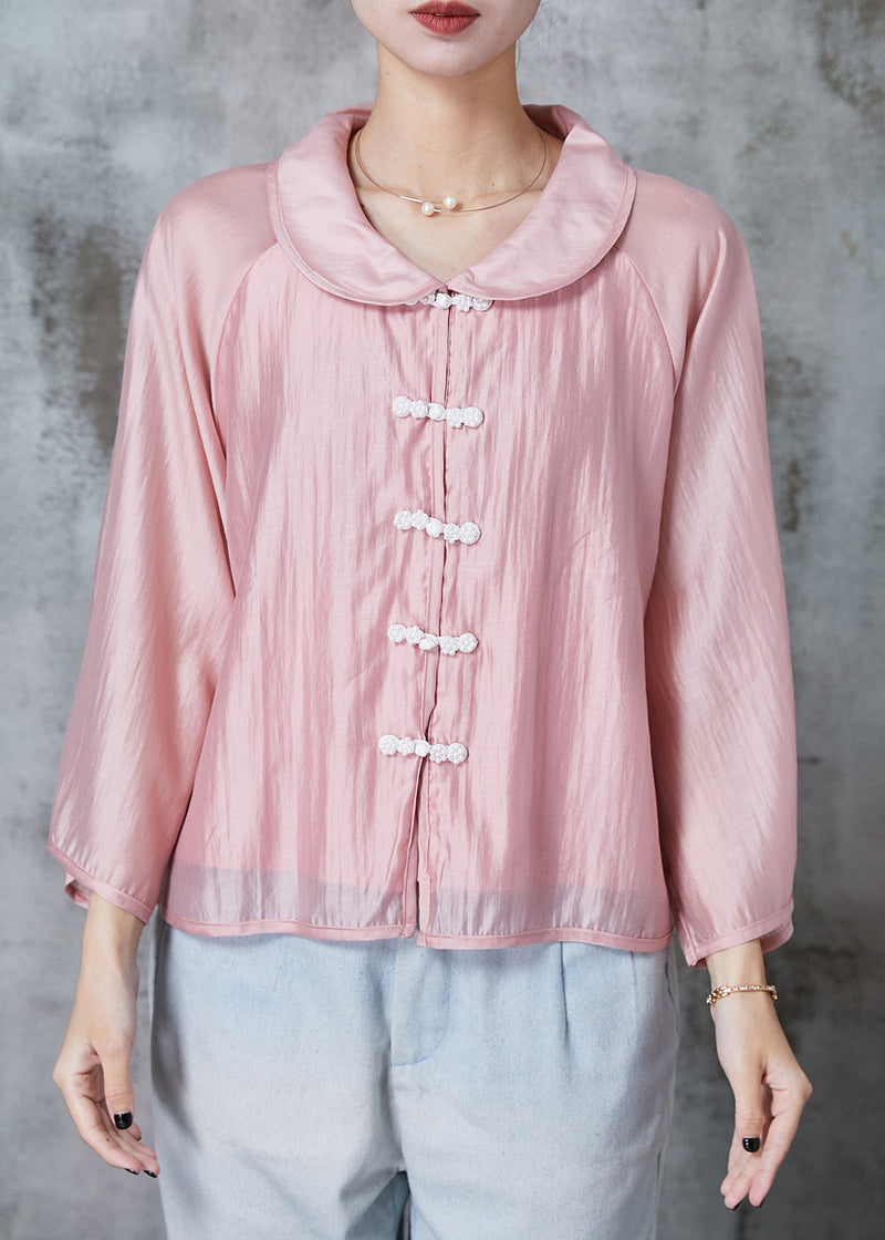 Pink Peter Pan Collar Chinese Button Silk Shirts Summer