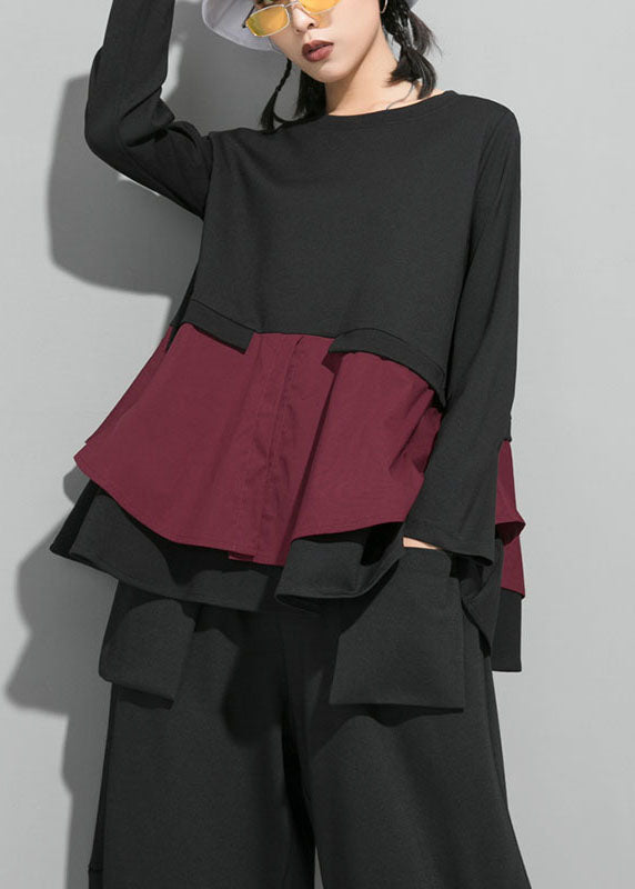 Organic Mulberry O-neck Patchwork Ruffles Fall Top Long Sleeve