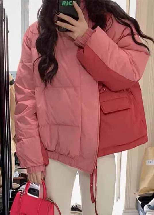 Pink Stand Collar Pockets Fine Cotton Filled Jacket Winter