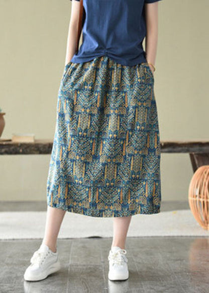 Blue Elastic Waist Pockets Print Linen Skirts Summer