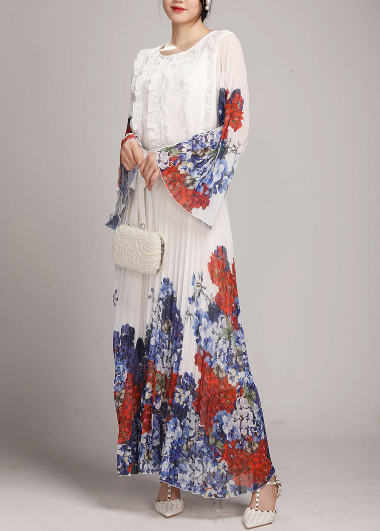 White O-neck Ruffled Patchwork Tie Waist Chiffon Long Dress Long Sleeve