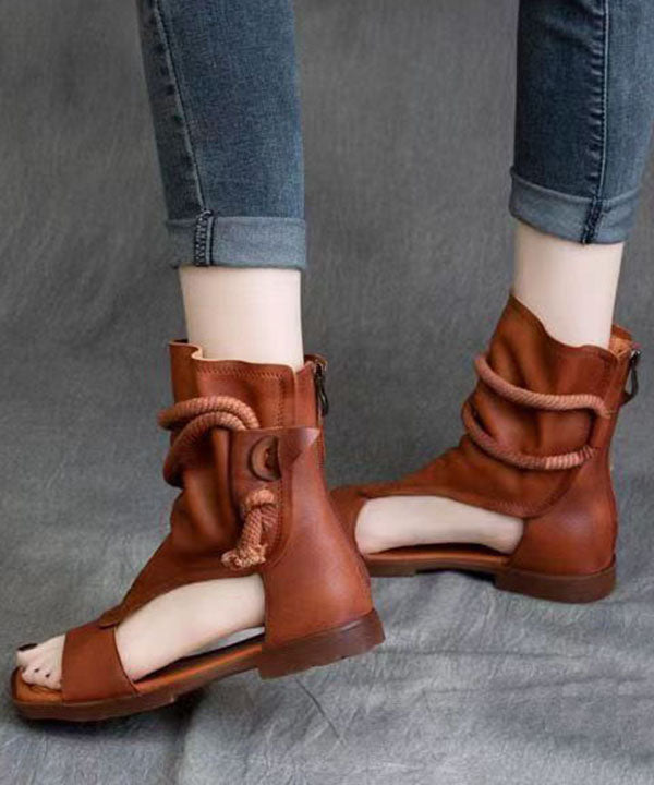 Brown Cowhide Leather Flat Sandals Boots Peep Toe Splicing Zippered