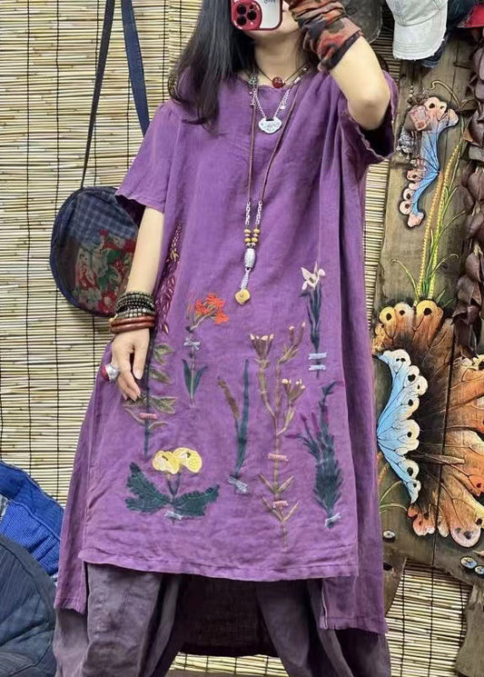 Purple O Neck Embroidered Linen Mid Dresses Summer