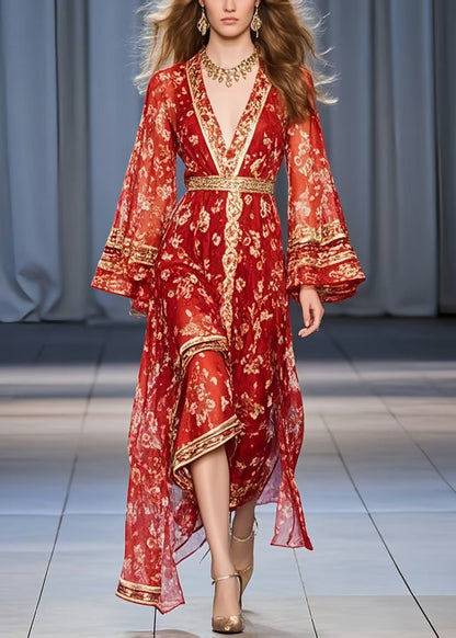 Red Print Chiffon Tunic Dress Flare Sleeve