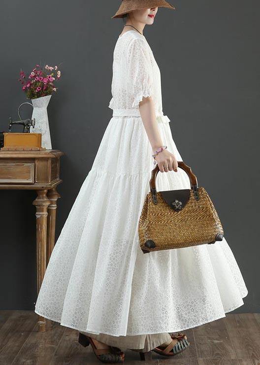 White V Neck Button Maxi Summer Cotton Dress