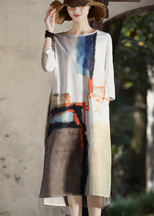 Handmade White O-neck Side Open Tie Dye Cotton Holiday Dress Summer