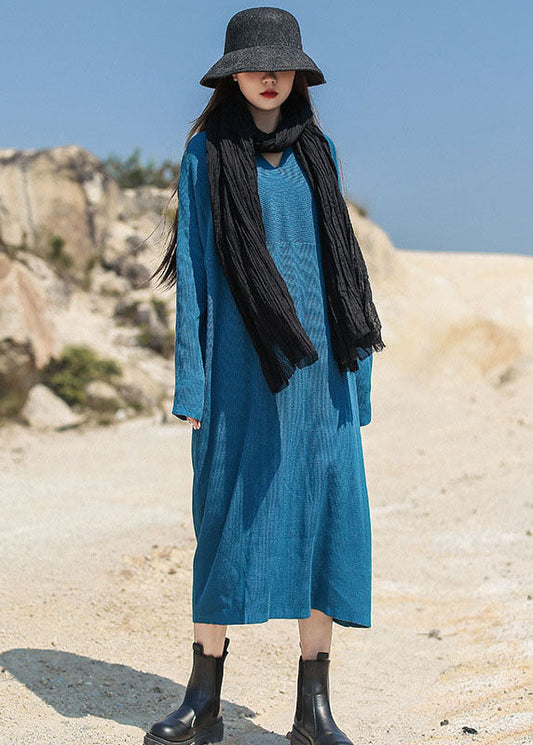 Blue Loose Knit Long Dress V Neck Spring