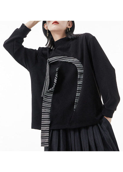 Black Stand Collar Patchwork Sweatshirts Top Spring