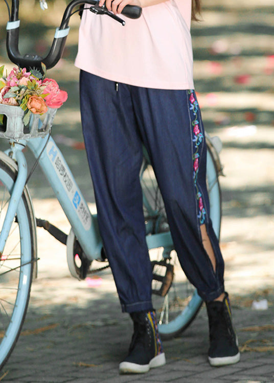 Denim Blue Embroideried High Waist Cotton Lantern Pants Summer