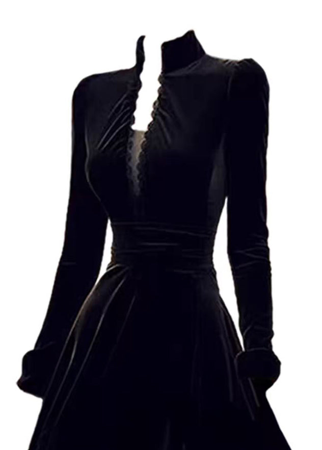Black Stand Collar Patchwork Slim Fit Velour Dresses Spring