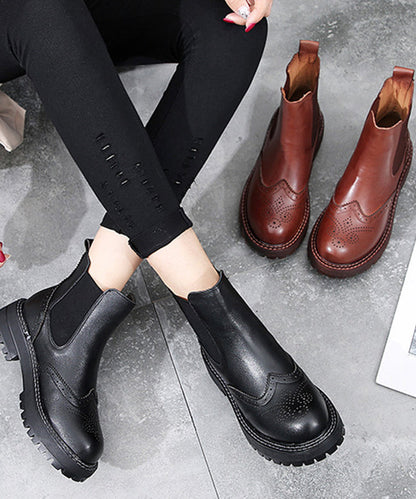 Black Chunky Cowhide Leather Hollow Out Boots