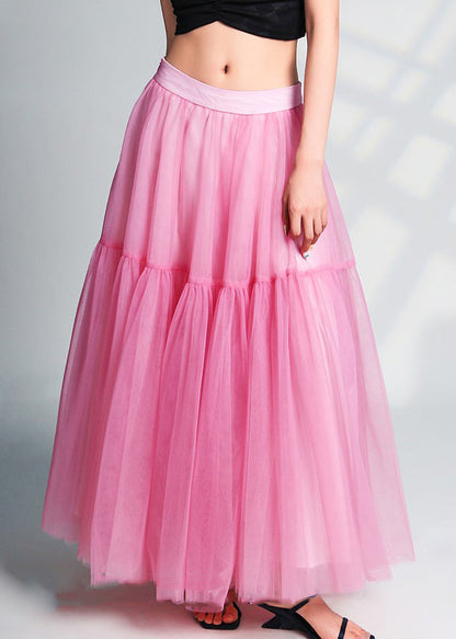 Pink Wrinkled High Waist Tulle Skirts Summer
